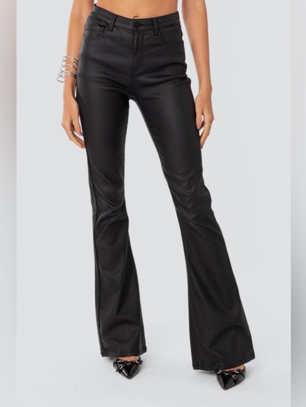 Edikted Luna Faux Leather Mid Rise Flared Jeans